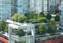 The future of sustainable roofing systems Modern Green City - rooftop and patio gardens amidst modern office and residential towers in downtown city center. Vancouver, British Columbia, Canada.