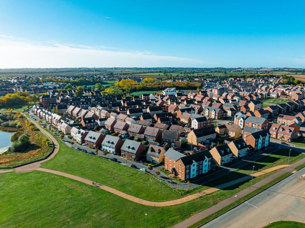 Aerial video shooting in Milton Keynes, UK Angela Rayner announced Labour's plan for housing, including a New Towns Code, part of a planned 1.5m new homes built over five years