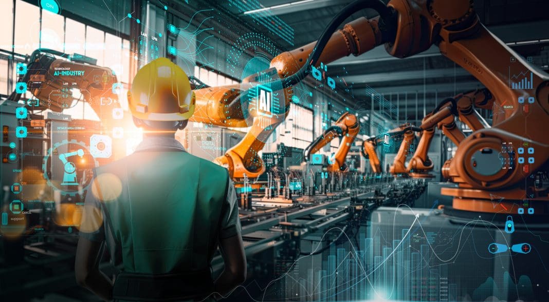 Factory Female Industrial Engineer working with Ai automation robot arms machine in intelligent factory industrial on real time monitoring system software.Digital future manufacture. AI in construction
