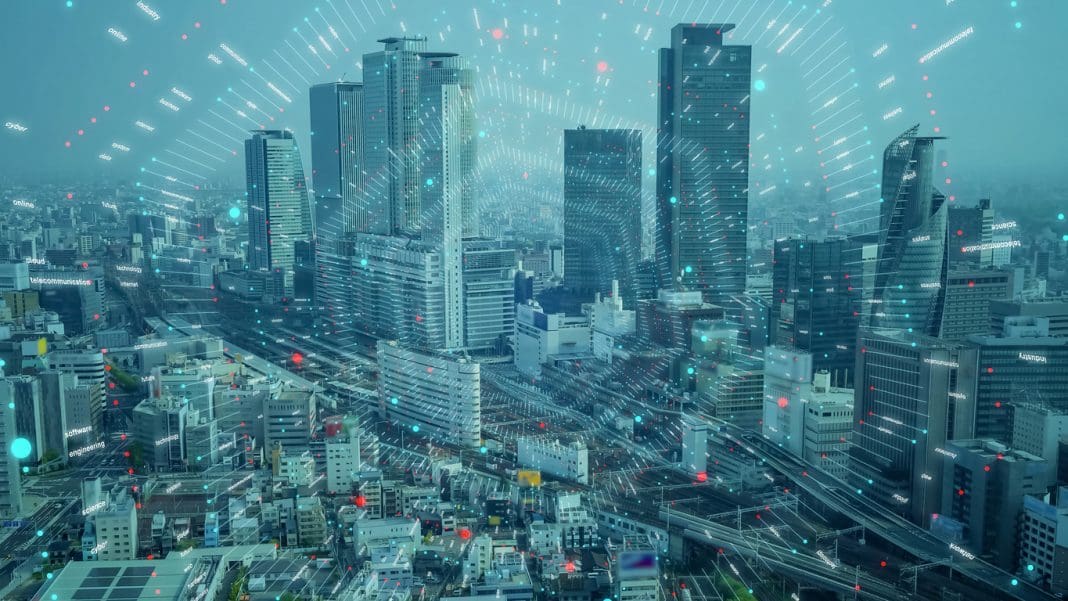 Smart city and communication network concept. 5G. IoT (Internet of Things). Telecommunication. cybersecurity risks in construction