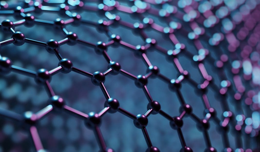 Structure of hexagonal nano material. Nanotechnology concept. Abstract background. 3D rendered illustration. Graphene, key component in Graphene@Manchester's concrete mix