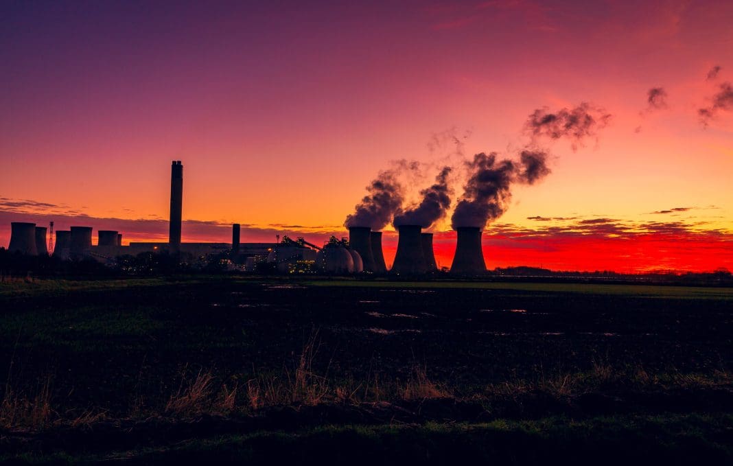 Silhouette of a power station against a stunning and colourful winter sunrise near Drax in North Yorkshire, UK with plumes of water vapour rising from the cooling towers. Prime minister Keir Starmer announced that funding has been secured for two carbon capture sites in Teesside and Merseyside