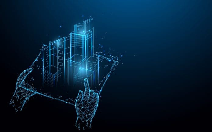 Hands holding blue print with architect form lines, triangles and particle style design. Illustration vector Hands holding blue print with architect form lines, triangles and particle style design. Illustration vector