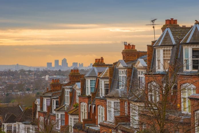 Typical British brick houses on a cloudy morning, London, UK