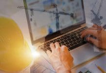 The role of technology in modern construction procurement Double exposure of engineer use her laptop for architectural project and working with partner engineering on workplace with city of business background.