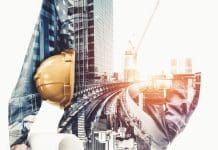 Implementing the Golden Thread in your building safety strategy Future building construction engineering project concept with double exposure graphic design. Building engineer, architect people or construction worker working with modern civil equipment technology.