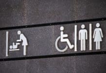 Accessible WC: Flush out motion sensors before they become too common All genders and disabled toilet sign, changing room sign, minimal sign design on gray wall, selective focus