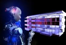 How software algorithms and robotics will drastically change the design/build process Human face cyborg is designing a virtual building in the future. Building isolation systems in the future. New horizontal architecture technology.