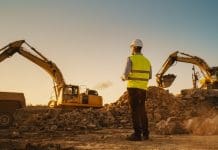 Construction companies that couldn’t survive in 2025 Caucasian Male Urban Planner Wearing Protective Goggles And Using Tablet On Construction Site On A Sunny Day. Man Inspecting Building Progress. Excavator Loading Materials Into Industrial Truck, representing construction administrations