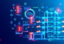 The future of smart buildings: How advanced informatic technologies are changing construction Building design concept. Engineering of autonomous system of smart building. Drafting of communications of house. Project development of apartment house. Architectural drawing, blueprint of facade.