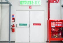 Trident Fire Protection & Training: CAD Floor Plan & 3D Building Scans Building Emergency Exit with Exit Sign and Fire Extinguisher,fire protection concept, representing a fire plan