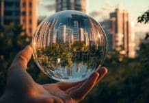 The top trends for the AEC/O industry in 2025 A hand holding a glass sphere with a city reflected in it, representing Nemetschek Group looks at the key trends set to shape the digital transformation of the AEC/O industry in 2025