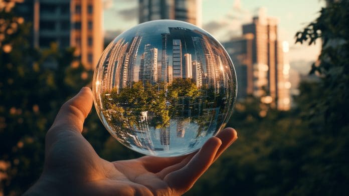 A hand holding a glass sphere with a city reflected in it, representing Nemetschek Group looks at the key trends set to shape the digital transformation of the AEC/O industry in 2025