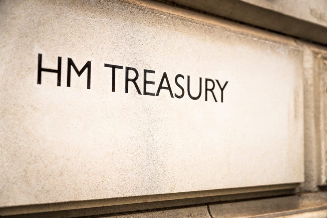 HM Treasury sign on building exteriior HM Treasury written on the stone of the government department's building in Westminster, central London, representing the 2025 Spring Statement