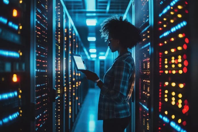 A female IT worker stands amid data centre racks in silouhette, representing data centres