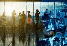 Bridging the gap between BIM and smart buildings Businessman on phone AI network 3D people, representing BIM and smart buildings