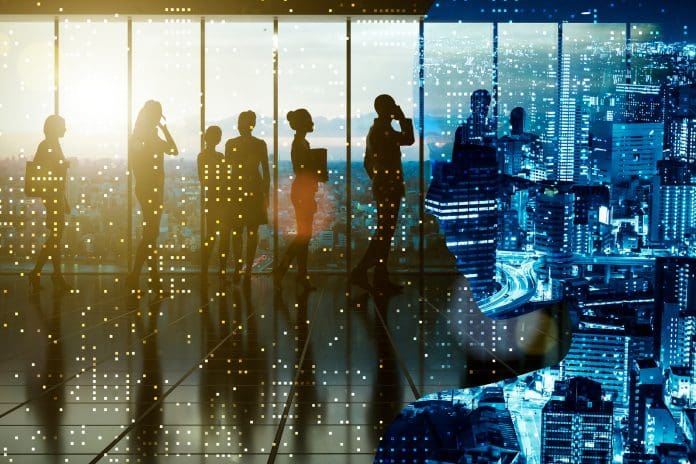 Teamworking Businessman on phone AI network 3D people, representing BIM and smart buildings