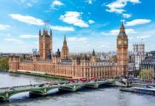 Restoration of Parliament and the floating solution Houses of Parliament (Westminster palace) and Big Ben tower, London, UK