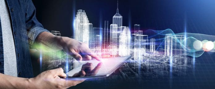 Future technology lifestyle, digital marketing IOT internet of thing future AI technology smart device social network, man with tablet surfing internet with futuristic vibrant light background, representing Smart Cities