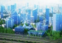 Is your building project ready for the EU’s smart and green transition? Futuristic City Concept. Wide Shot of Digitally Generated Urban Megapolis at Sunset with Rendered Skyscrapers Showing Global Big Data Connections, Information Flow, Artificial Intelligence Technology. Smart Readiness for EU smart and green transition