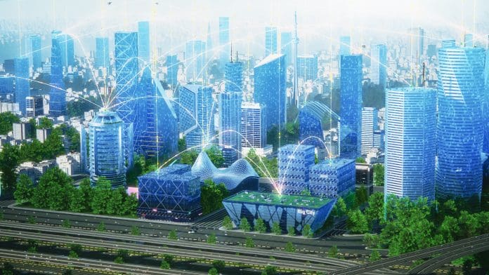 Futuristic City Concept. Wide Shot of Digitally Generated Urban Megapolis at Sunset with Rendered Skyscrapers Showing Global Big Data Connections, Information Flow, Artificial Intelligence Technology. Futuristic City Concept. Wide Shot of Digitally Generated Urban Megapolis at Sunset with Rendered Skyscrapers Showing Global Big Data Connections, Information Flow, Artificial Intelligence Technology. Smart Readiness for EU smart and green transition