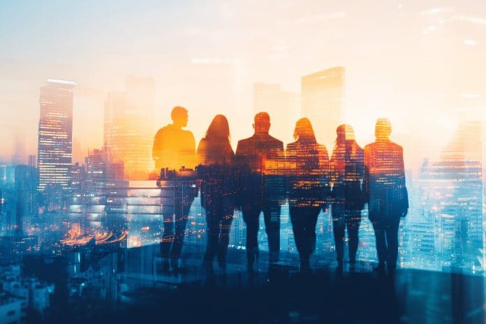 A talented business team stands confidently before a vibrant city skyline, symbolizing innovation, collaboration, and the endless future possibilities they strive for in their pursuit of success, representing the relationship between Nemetschek Group and Google Cloud