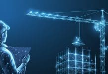 Industrial AI: A platform for construction success Construction. Polygonal wireframe building under crune on dark blue night sky with dots, stars. Construction, development, architecture or other concept illustration or background