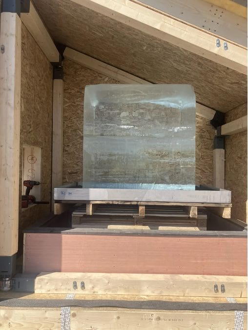 Ice block installed into one of the mini-houses at the Ice Box Challenge in Oslo, Norway