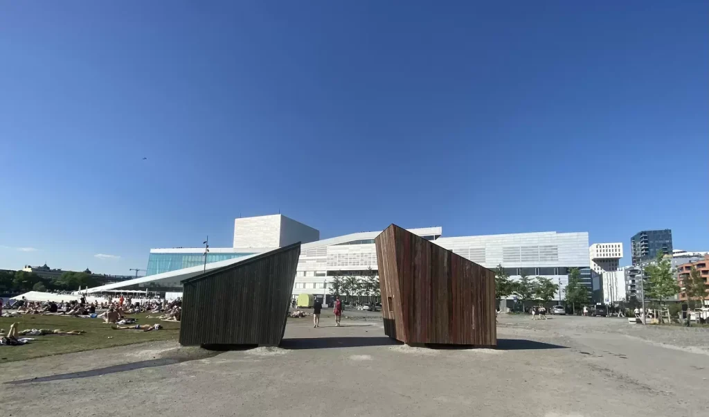 Two mini-houses installed at the Ice Box Challenge in Oslo, Norway.