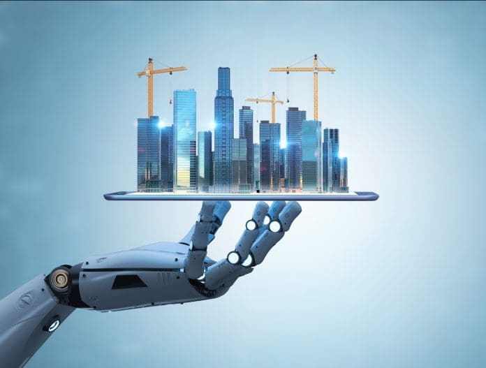 Smart city with 3d rendering robot with development city, representing the risk of AI construction errors