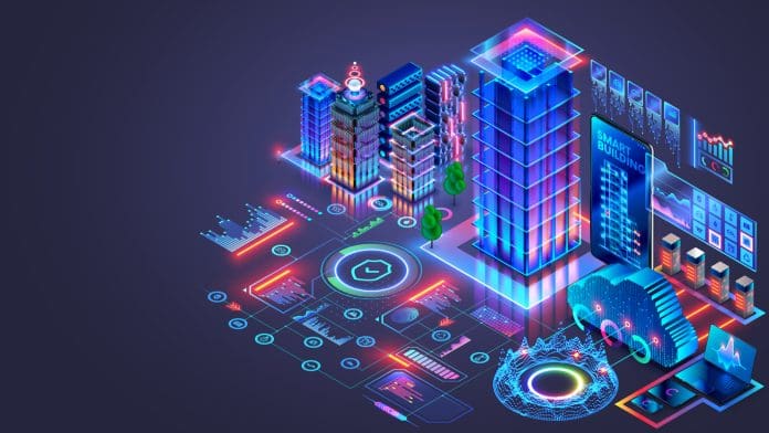Development architecture AI computer systems of smart building. Smart house system programming software. Engineering development of building construction, communication, electricity with AI controls, representing autonomous buildings