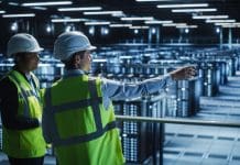 Deloitte launches AI Infrastructure Centre of Excellence Data Center IT Specialist and System administrator Talk, Use Tablet Computer, Wearing Safety Wests. Server Clod Farm with Two Information Technology Engineers checking Cyber Security, representing the new Deloitte AI centre