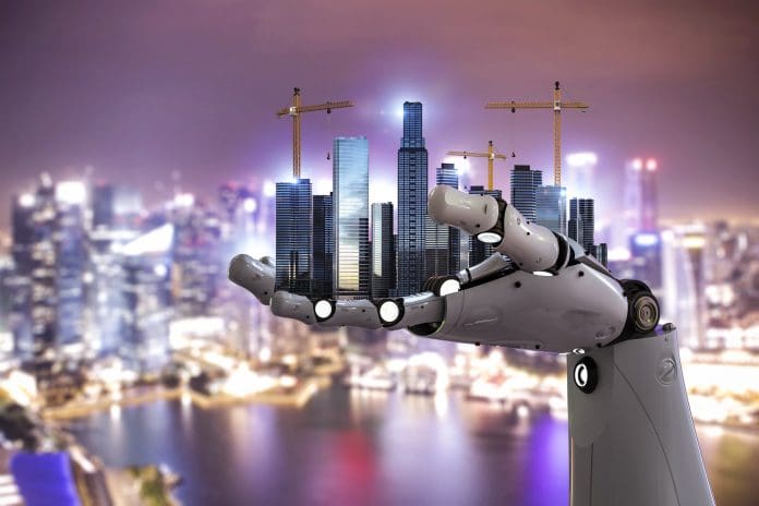 Smart city with robot and development city, representing how AI can help construction
