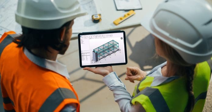 Technical Inspector and Construction Manager Using a 3D Virtual Reality Tour Software with Building's Interior. Female Specialist Using Tablet Computer to Oversee the Project at a Construction Site