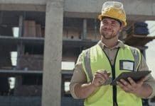 Why add Newforma if you already have Procore? A building contractor using a digital tablet while working on a construction site. A young man browsing online with a smart device while working on an architecture project, representing utilising both Newforma and Procore
