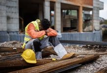 Modern slavery risk in UK housebuilding ‘poorly understood’, report finds Exhausted construction worker taking a break at construction site, representing the risk of modern slavery in uk housebuilding