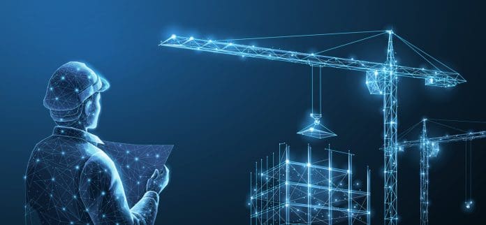 Construction. Polygonal wireframe building under crane on dark blue night sky with dots, stars. Construction, development, architecture or other concept illustration or background. Representing AI in project management