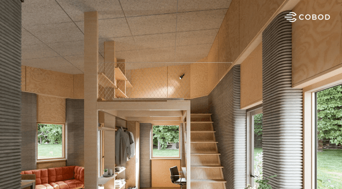 The interior of a 3D printed student apartment in Holstebro, Denmark