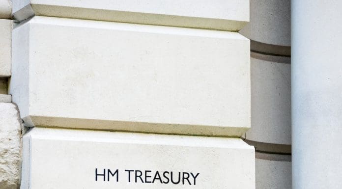 A sign in Whitehall, London for the Treasury department of the UK Government, representing the Autumn Budget 2025