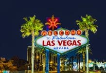 2026 World of Modular: Annual Convention and Tradeshow Las Vegas, USA - March 11, 2019: famous Las Vegas sign at city entrance, detail by night, representing the world of modular convention