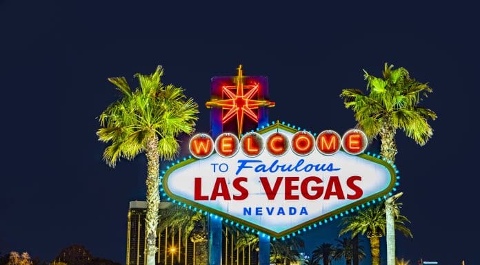 Las Vegas, USA - March 11, 2019: famous Las Vegas sign at city entrance, detail by night, representing the world of modular convention
