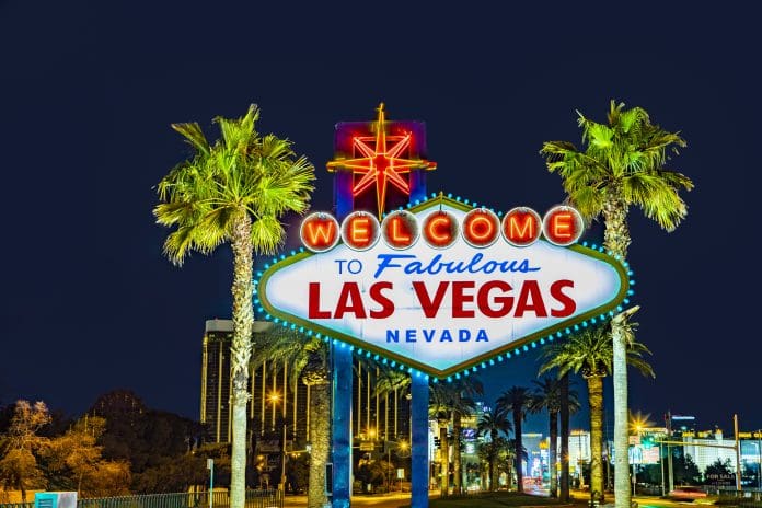 2026 World of Modular: Annual Convention and Tradeshow Las Vegas, USA - March 11, 2019: famous Las Vegas sign at city entrance, detail by night, representing the world of modular convention