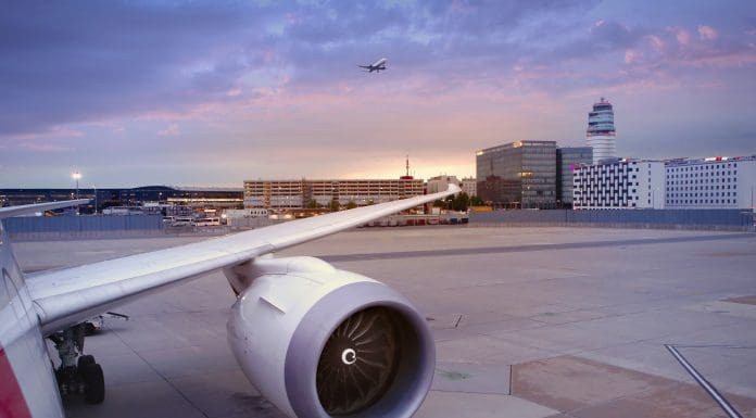 Airplane on runway at Vienna International Airport (Flughafen Wien-Schwechat)