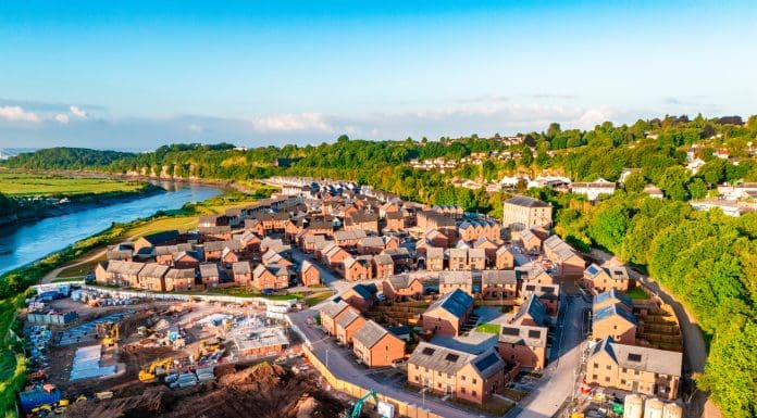 Drone view of new housing development being built in the UK