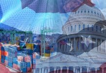 The effect of Trump’s tariffs on the North American construction industry A composite image of the US flag, shipping containers and the Capitol Building representing the impact of US tariffs on trade