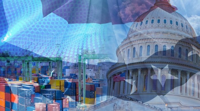 A composite image of the US flag, shipping containers and the Capitol Building representing the impact of US tariffs on trade