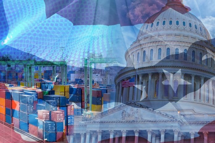 u.s. tariff A composite image of the US flag, shipping containers and the Capitol Building representing the impact of US tariffs on trade