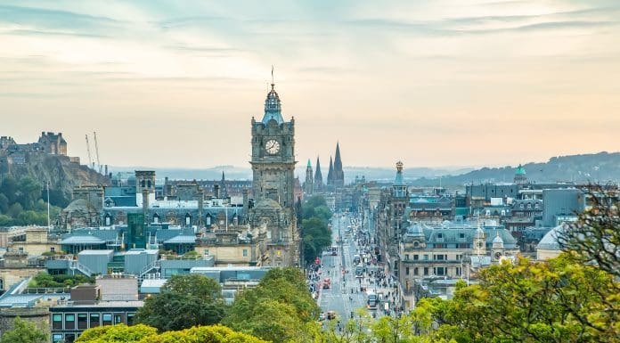 Scenic view of Edinburgh skyline and central Princes Street, Scotland travel photo, representing the oldest residential tower in Edinburgh