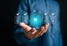 Project management software: How project managers can securely harness AI AI technology automates document verification for accuracy and compliance. Concept of smart data validation, digital document management, and paperless workflow using artificial intelligence.