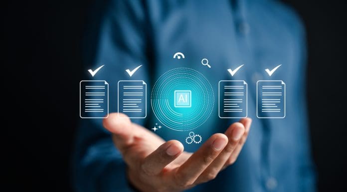AI technology automates document verification for accuracy and compliance. Concept of smart data validation, digital document management, and paperless workflow using artificial intelligence.
